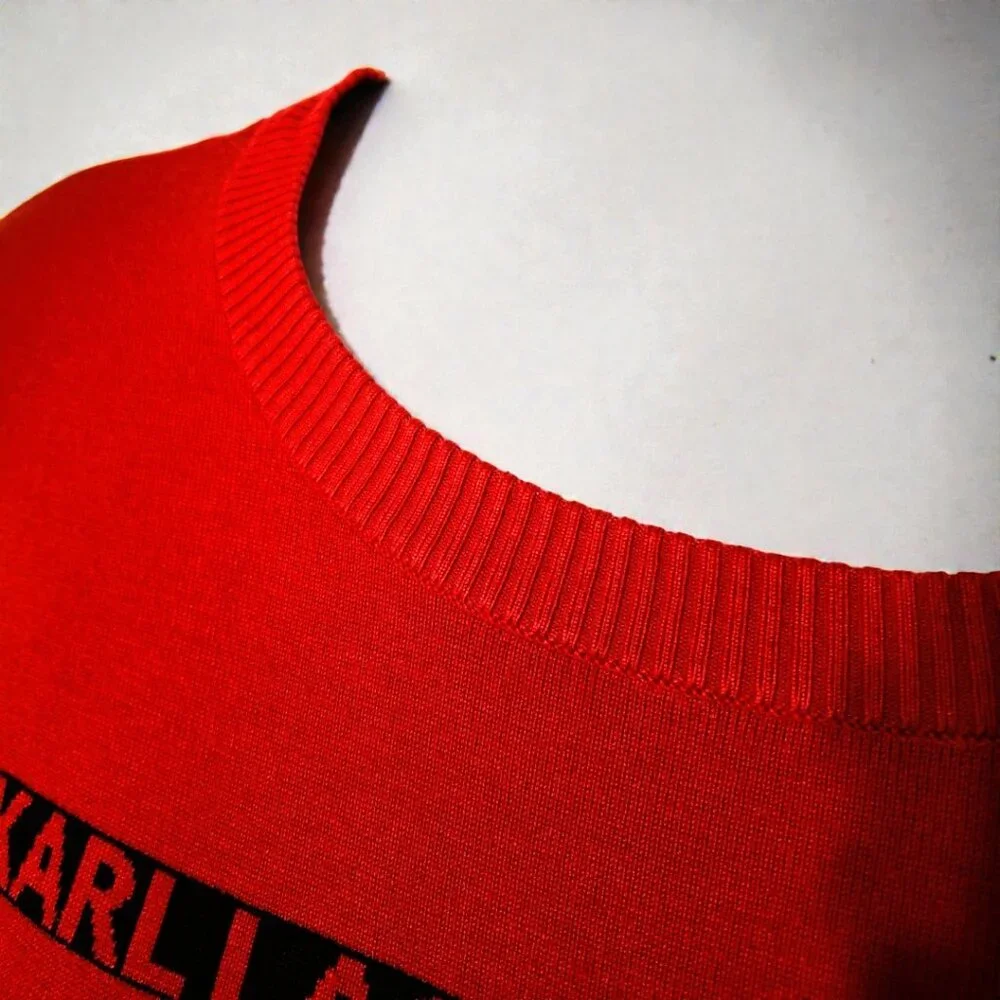Karl Lagerfeld Paris Med (8-10) Red & Black Stripe Crewneck Sweater w/ Gold Pins - Picture 5 of 15